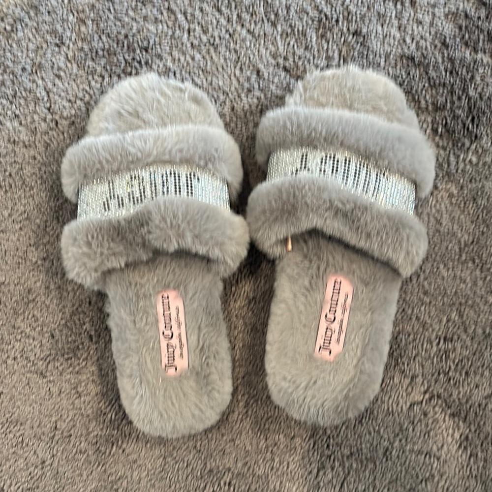 Juicy Couture Gray Furry Slippers with Rhinestone Band